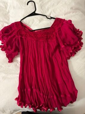Women’s Bright Pink Crochet Yoke Ruffle Sleeve Blouse